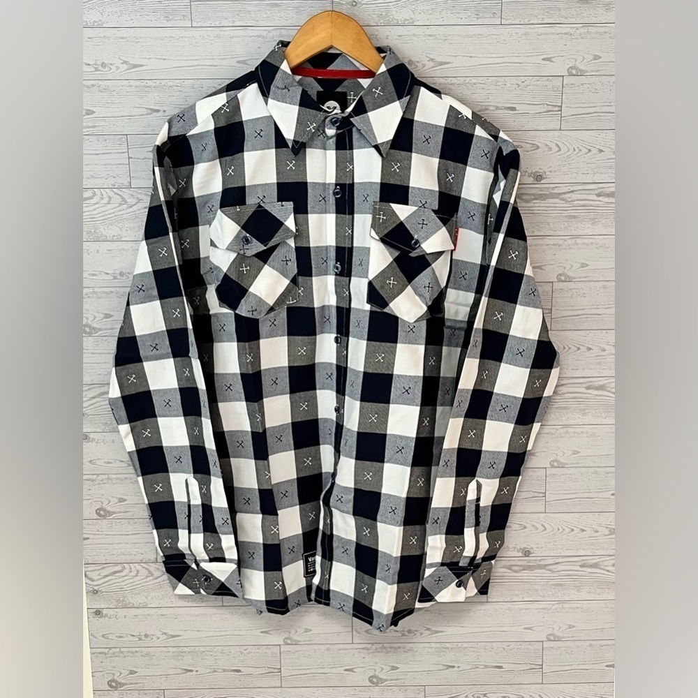 Vast Life Men's Large Casual Plaid Button Down Shirt Embroidered Black/White